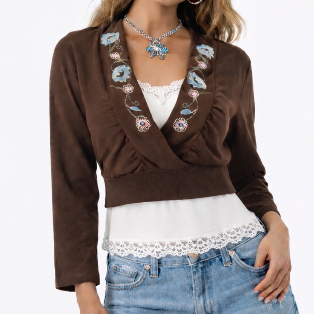 Y2K CATO Brown Babydoll Crop V-Neck Layering Top Whimsigoth Indie Fairy Boho | L